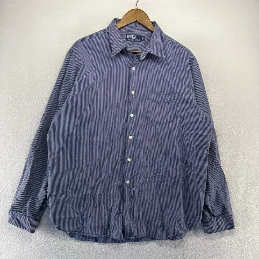 Vintage Ralph laure Shirt Men's XL Blue White Striped PRL Chinstrap Work Pocket